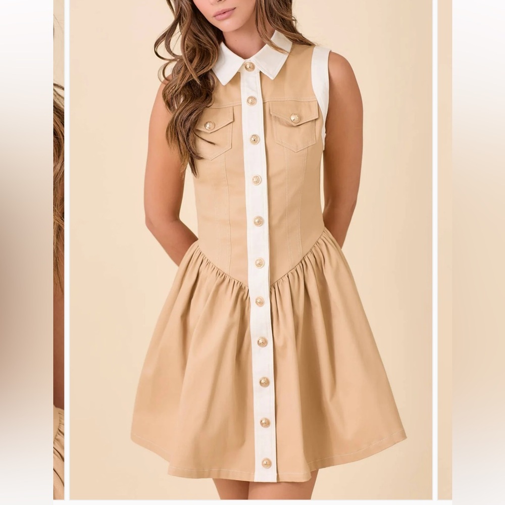 Main strip tan dress gold buttons NWT size M